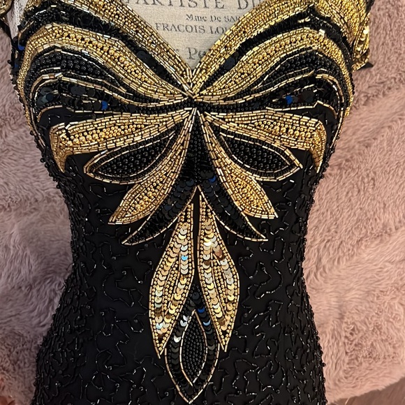 BLACK TIE black & gold beaded formal gown vintage womens dress zipper back NWT 8 - Picture 14 of 17